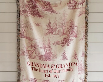 Custom Grandparents Blanket, Personalized Toile de Jouy Woven Blanket, Christmas Family Name Gift, For Parents Vintage Deer Throw 019