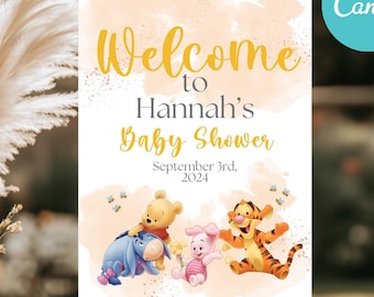 Letrero de bienvenida para baby shower de Winnie the Pooh de 16 x 20 pulgadas, plantilla de letrero de bienvenida para baby shower de Winnie the Pooh y sus amigos, descarga instantánea editable