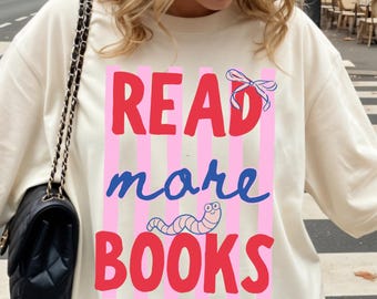 Comfort Colors® Read More Books Shirt, Book Lovers Tee, Bookworm Bow Stripes Tee, Librarian T-Shirt, Reading Lover Gift, Trendy Reader Gift