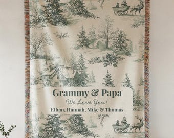 Personalized Grandpa and Grandma Woven Blanket, Toile de Jouy Family Name, Vintage Christmas Design, Luxury Throw, Cozy Home Decor 018