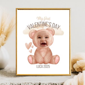 Valentijn foto aandenken, bewerkbare baby's eerste Valentijnsdag ambacht, gepersonaliseerd afdrukbaar cadeau peuter voor kinderdagverblijf of thuis, kleine beer