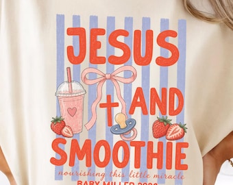 Custom Little miracle, Jesus & Smoothie Pregnancy Announcement Shirt Baby Reveal Tee Christian Mom To Be Gift Faith Maternity Tee
