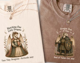 Twin Pregnancy Reveal Comfort Colors® Shirt, Medieval Dragon Couple Pregnancy Announcement Shirt, Expecting Mom or Dad To Be Maternity Shirt