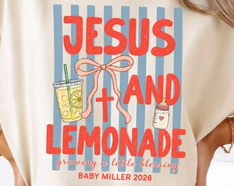 Custom Jesus and Lemonade Pregnancy Announcement Shirt Baby Reveal Tee Christian Mom To Be Gift Summer Baby Shower Shirt Faith Maternity Tee