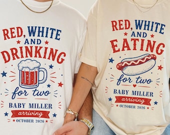 Couples 4th Of July Pregnancy Announcement Shirts, Custom Patriotic Baby Reveal Tee, Red White And Due Matching Couple Shirt