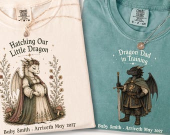 Personalized Pregnancy Dragon Shirts, Matching Medieval Dragon Couple Tees, Expecting Mom Dad Gift, Comfort Colors Pregnancy Announcement
