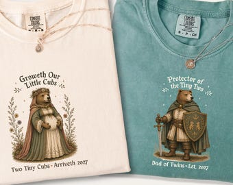 Funny Twin Pregnancy Reveal Comfort Colors® Shirt, Medieval Bear Couple Pregnancy Announcement Tee, Expecting Twin Mom Dad To Be Gift