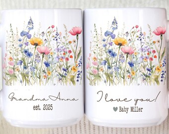 Personalized New Grandma Mug, First Time Grandma Gift With Grandkid Names, Wildflower Custom Cup, Pregnancy Announcement Gift For Grandma