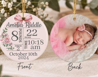 Personalized Girl Christmas Ornament, Custom Baby Girl Photo First Christmas ornament, birth statistic ornament, birth information stats