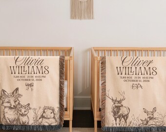 Personalized Twins Baby Blanket, Woven Woodland Nursery Decor, Birth Stats Keepsake 030