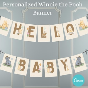 Personalized Winnie the Pooh Baby Shower Banner, Hello Baby Classic Pooh Balloon Garland, Gender Neutral Custom Banner, Name Banner decor