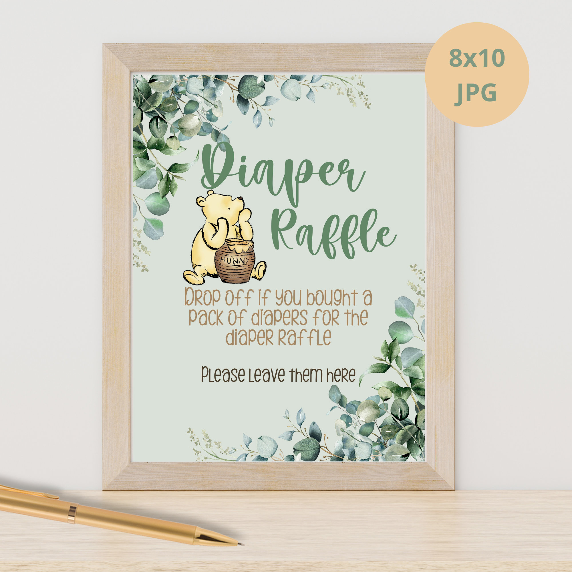 Diaper Raffle Sign, Classic Winnie the Pooh, for Baby Shower Sage Pooh ...