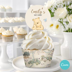 Bearbeitbare Winnie the Pooh Cupcake Toppers & Wrappers, Winnie the Pooh Baby Shower Cupcake Toppers, Beige Baby Shower Decor, geschlechtsneutral