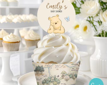 Editable Winnie the Pooh Cupcake toppers & Wrappers, Winnie the Pooh Baby Shower Cupcake Toppers, Beige Baby Shower Decor, gender-neutral