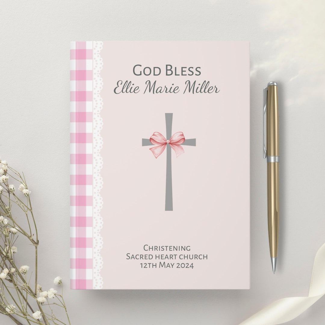Personalized Christening Guest Book Bow and Cross, Baptism, Coquette