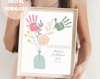 Grandma Mothers day handprint print floral bouquet, Thank you for helping me grow, Boho Handprint, Wildflower Handprint, Floral Handprint