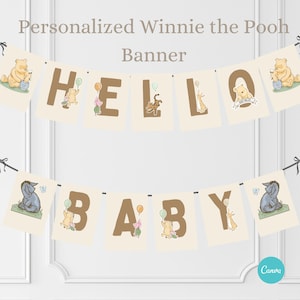 Banner personalizado para baby shower de Winnie the Pooh, decoración clásica de Winnie the Pooh, banner personalizado de género neutro, guirnalda decorativa para fiesta con banner con nombre