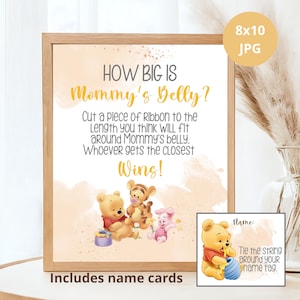 Signe de jeu de ventre de maman et étiquette de nom de carte de chaîne, classique Winnie l'ourson, jeu de baby shower, bébé ourson et amis téléchargement immédiat