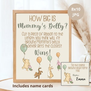 Signe de jeu de ventre de maman, chaîne avec nom de carte, classique Winnie l'ourson, jeu de baby shower, vintage Winnie l'ourson, téléchargement immédiat de l'ourson et ses amis