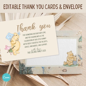 Klassische Winnie Puuh Babyparty Dankeskarte & Umschlag druckbar, Benutzerdefinierte Dankeskarte, Gender Neutral Danke Vorlage, Canva