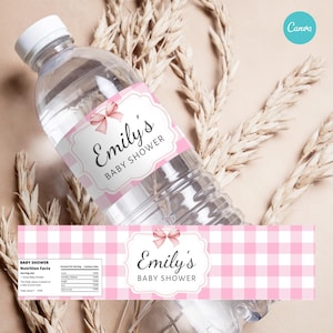 Pink Bow Baby Shower Water Bottle Labels | Coquette Printable & Editable Template for Elegant Baby Girl Party, Party Favor Water Label
