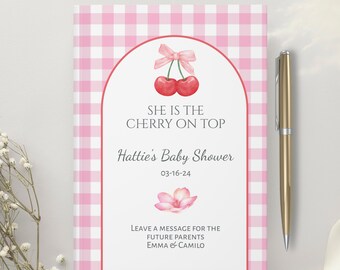 Cherry baby shower guestbook, Cherry with bow sign table, Pink bow baby shower book, Pink red cherry bow baby shower, fruit baby shower
