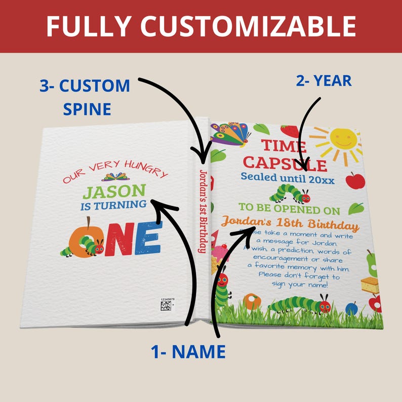May include: A customizable time capsule book with the text "Our Very Hungry Jason is Turning One." The book includes a "Time Capsule" section to be opened on Jordan's 18th birthday. Features include a custom spine and space for a name.