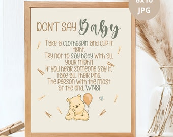 Don't Say Baby Game, Baby pooh Don't Say Baby Printable, Baby Shower Game, Clothes Pin Game, Fun shower Activity, Winnie the Pooh Game Sign
