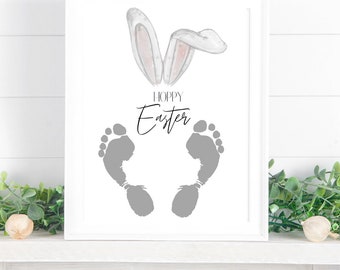 Hoppy Easter, Bunny baby Footprint Art, Hoppy Easter Grey, Cute Ears Feet, Happy Easter, Kids Baby Toddler, Activity Keepsake Craft Art DIY