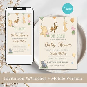 Bewerkbare Winnie de Pooh-babyshoweruitnodiging, vintage Winnie de Poeh-babyshower, afdrukbare sjabloon van Pooh, klassieke Winnie Pooh & Friends