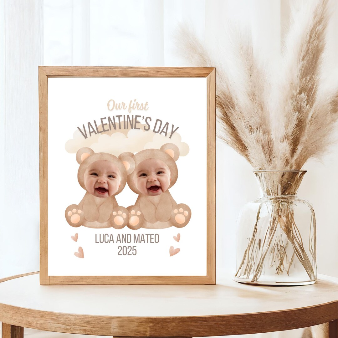 Twins Valentine Photo Keepsake, Editable Babys 1 Valentine's Day Craft, Personalized Toddler ...