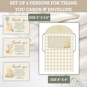 Klassische Winnie Puuh Babyparty Dankeskarte & Umschlag druckbar, Benutzerdefinierte Dankeskarte, Gender Neutral Danke Vorlage, Canva