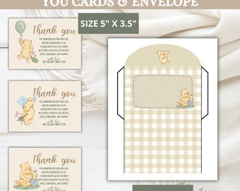 Classic Winnie the pooh baby shower thank you card & Envelope printable, Custom thank you card, Gender Neutral Thank you template, Canva