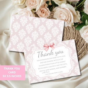 Editable Bow Thank You Card & envelope Template, Pink Coquette baby shower thank you card, Coquette baby Girl, Pink Elegant Bow Stationery