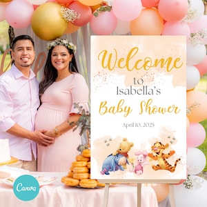 Letrero de bienvenida para baby shower de Winnie the Pooh (20 x 30 cm), plantilla de letrero de bienvenida para baby shower de Winnie the Pooh y sus amigos, descarga instantánea editable