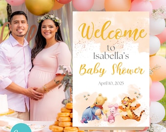 Letrero de bienvenida para baby shower de Winnie the Pooh (20 x 30 cm), plantilla de letrero de bienvenida para baby shower de Winnie the Pooh y sus amigos, descarga instantánea editable