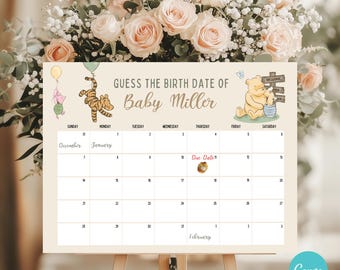 May include: A Winnie the Pooh themed baby shower game. A calendar with the text "Guess the Birth Date of Baby Miller" and a Winnie the Pooh character illustration. The due date is marked with a Winnie the Pooh character illustration.