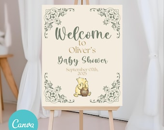 Letrero de bienvenida clásico para baby shower de Winnie the Pooh de 16 x 20 pulgadas, plantilla neutra de género para baby shower con diseño de oso vintage de Winnie the Pooh, DESCARGA EDITABLE