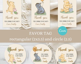 Benutzerdefinierte klassische Winnie the Pooh Geschenkanhänger | Personalisierte Babyparty Danke Aufkleber | Rechteck & Kreis Template, Gender Neutral