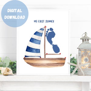 My 1st Summer footprint art, Boat Footprint Art, Summer Handprint Craft for Kids, DIY summer craft, Preschool activity, Printable Summer Art