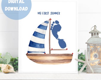 Mijn 1e zomer voetafdruk kunst, boot voetafdruk kunst, zomer handafdruk ambacht voor kinderen, DIY zomer ambacht, voorschoolse activiteit, afdrukbare zomer kunst