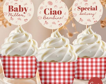 Editable Ciao Bambino Cupcake toppers & Wrappers, Italian Baby Shower Cupcake Toppers, Pizza Pasta Baby Shower Decor, gender-neutral
