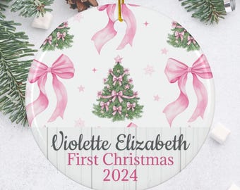 Baby Girl First Christmas ornament, Christmas tree Pink Bow Ornament, Personalized Baby Girl Ornament, Coquette Bow Christmas present