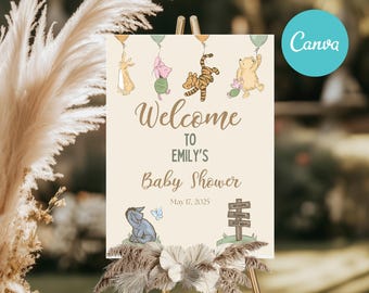 Winnie the Pooh Baby Shower Welcome Sign, Classic Pooh Bear Welcome Sign, Editable Template, Gender Neutral Baby shower, Brown Bear Balloon