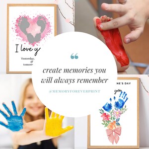 May include: Three framed prints featuring hand and footprint art. The first print shows a pink watercolour heart with grey handprints inside. The second print features a blue watercolour bouquet with a pink bow and blue handprints. The third print features a blue watercolour bouquet with a pink bow and blue handprints. The text on the prints reads "I love you Yesterday, & tomorrow" and "NE'S DAY you".