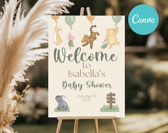 Letrero de bienvenida clásico para baby shower de Winnie the Pooh de 16 x 20 pulgadas, plantilla neutra para baby shower de Winnie the Pooh y sus amigos, DESCARGA EDITABLE