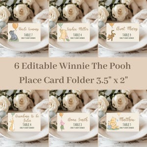 Bearbeitbare Winnie The Pooh-Tischkarte, 6 Stilkarten, Winnie The Pooh-Lebensmitteletiketten, Tischnamenkarte, Pooh-Bär-Tischkarte, Party-Platzhalter