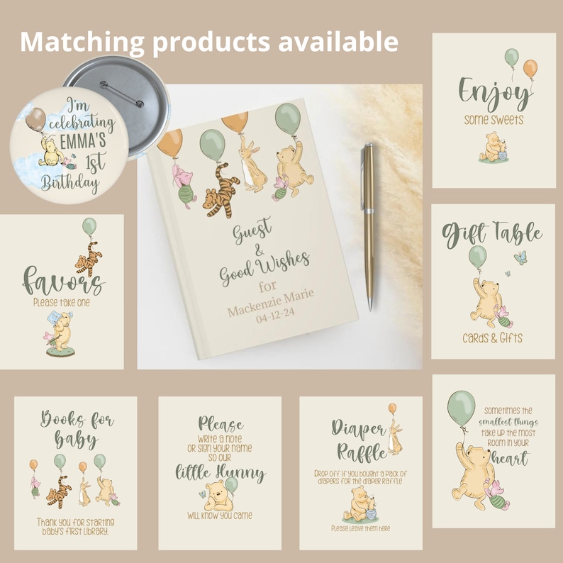May include: A set of Winnie the Pooh themed party supplies for a baby shower or first birthday. The set includes a guest book, favor tags, a diaper raffle sign, a gift table sign, a button, and a sign that says "Enjoy some sweets".