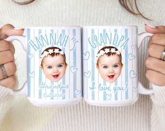 Personalized Baby Face Photo Mug: Stripe Baby Picture Cup, New Grandpa Birthday Gift, First Fathers Day Gift, New Grandparents Present