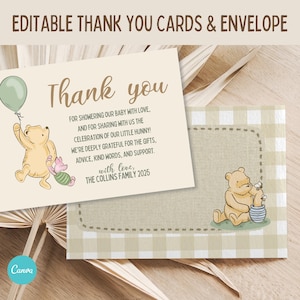 Klassische Winnie Puuh Babyparty Dankeskarte & Umschlag druckbar, Benutzerdefinierte Dankeskarte, Gender Neutral Danke Vorlage, Canva